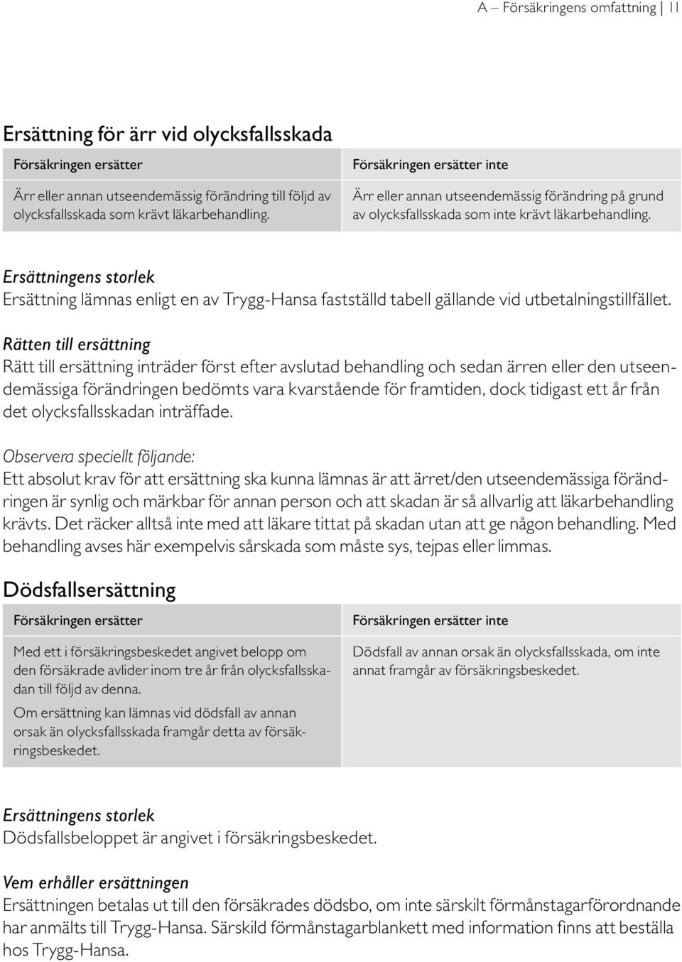 Ersättningens storlek Ersättning lämnas enligt en av Trygg-Hansa fastställd tabell gällande vid utbetalningstillfället.