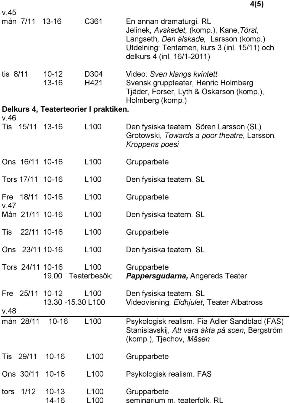 ) Delkurs 4, Teaterteorier I praktiken. v.46 Tis 15/11 13-16 L100 Den fysiska teatern.