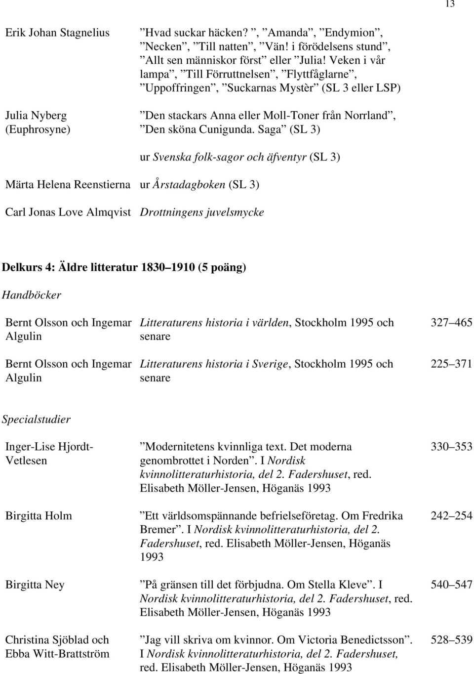 Saga (SL 3) ur Svenska folk-sagor och äfventyr (SL 3) Märta Helena Reenstierna ur Årstadagboken (SL 3) Carl Jonas Love Almqvist Drottningens juvelsmycke Delkurs 4: Äldre litteratur 1830 1910 (5