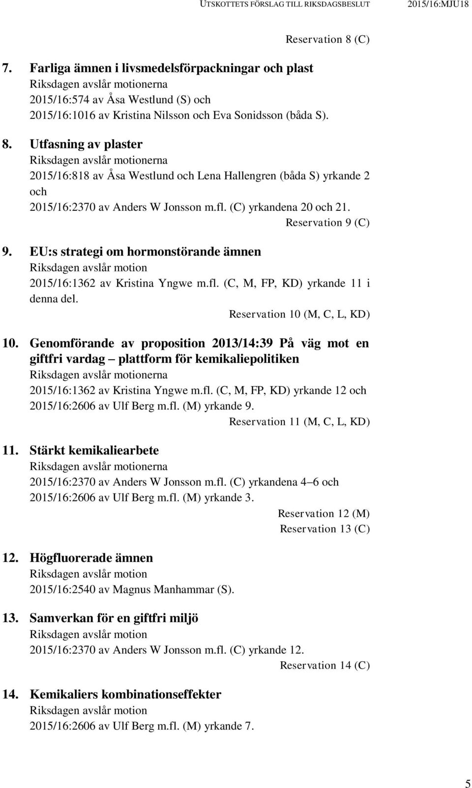 Utfasning av plaster Riksdagen avslår motionerna 2015/16:818 av Åsa Westlund och Lena Hallengren (båda S) yrkande 2 och 2015/16:2370 av Anders W Jonsson m.fl. (C) yrkandena 20 och 21.
