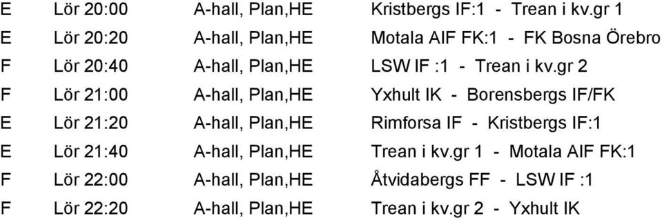 kv.gr 2 F Lör 21:00 A-hall, Plan,HE Yxhult IK - Borensbergs IF/FK E Lör 21:20 A-hall, Plan,HE Rimforsa IF -