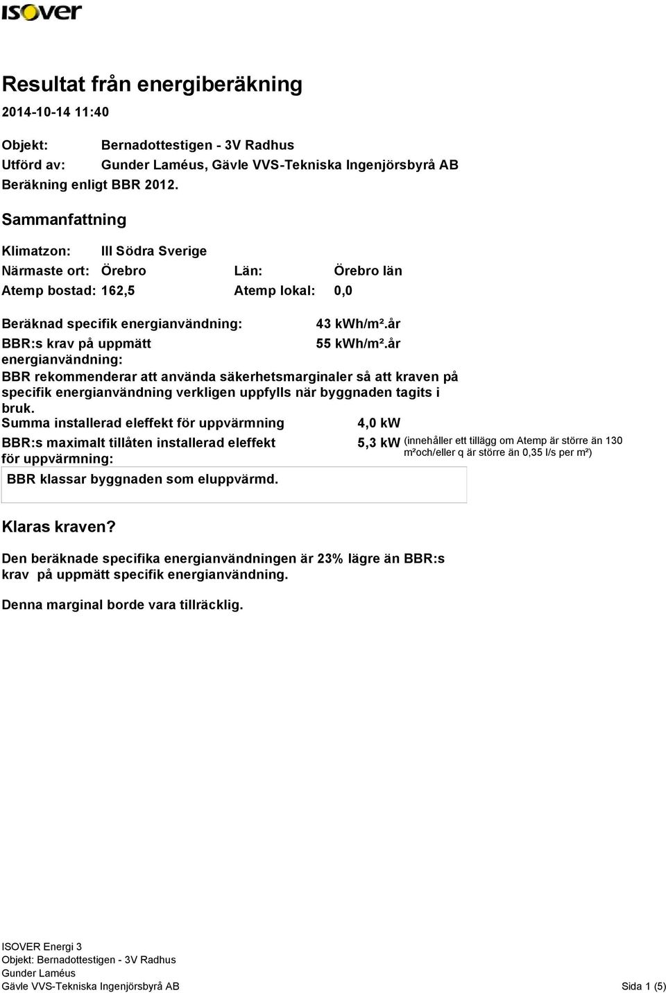 specifik energianvändning: 43 kwh/m².år BBR:s krav på uppmätt 55 kwh/m².