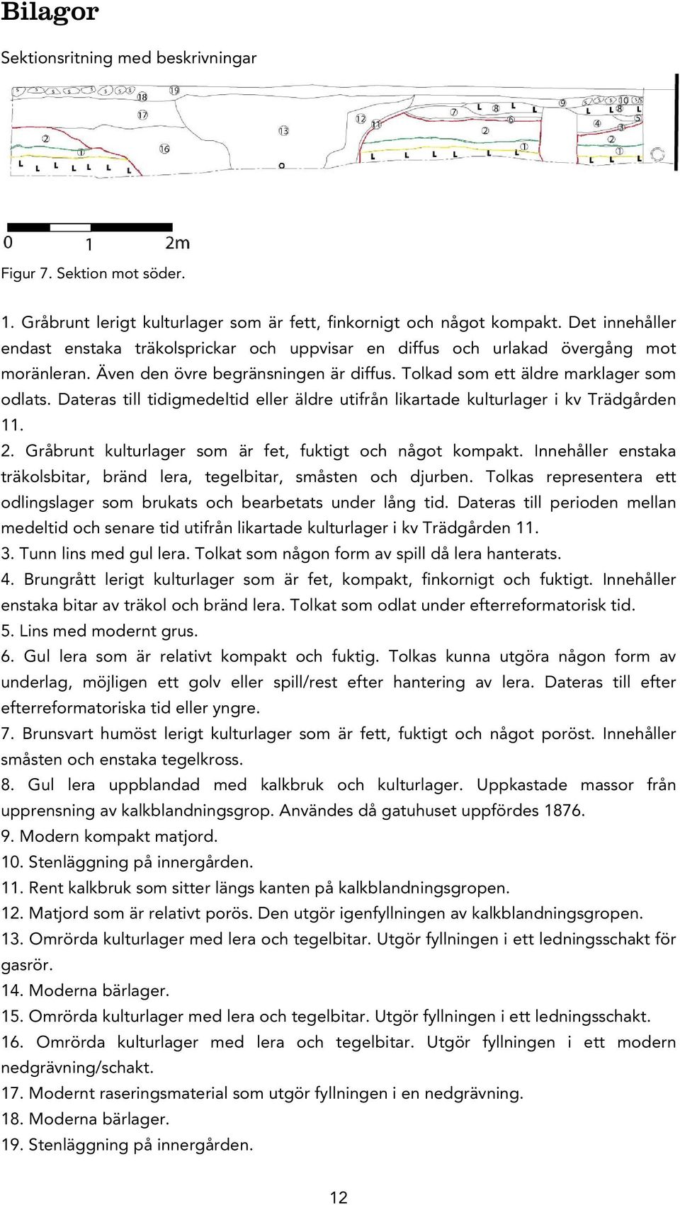 Dateras till tidigmedeltid eller äldre utifrån likartade kulturlager i kv Trädgården 11. 2. Gråbrunt kulturlager som är fet, fuktigt och något kompakt.