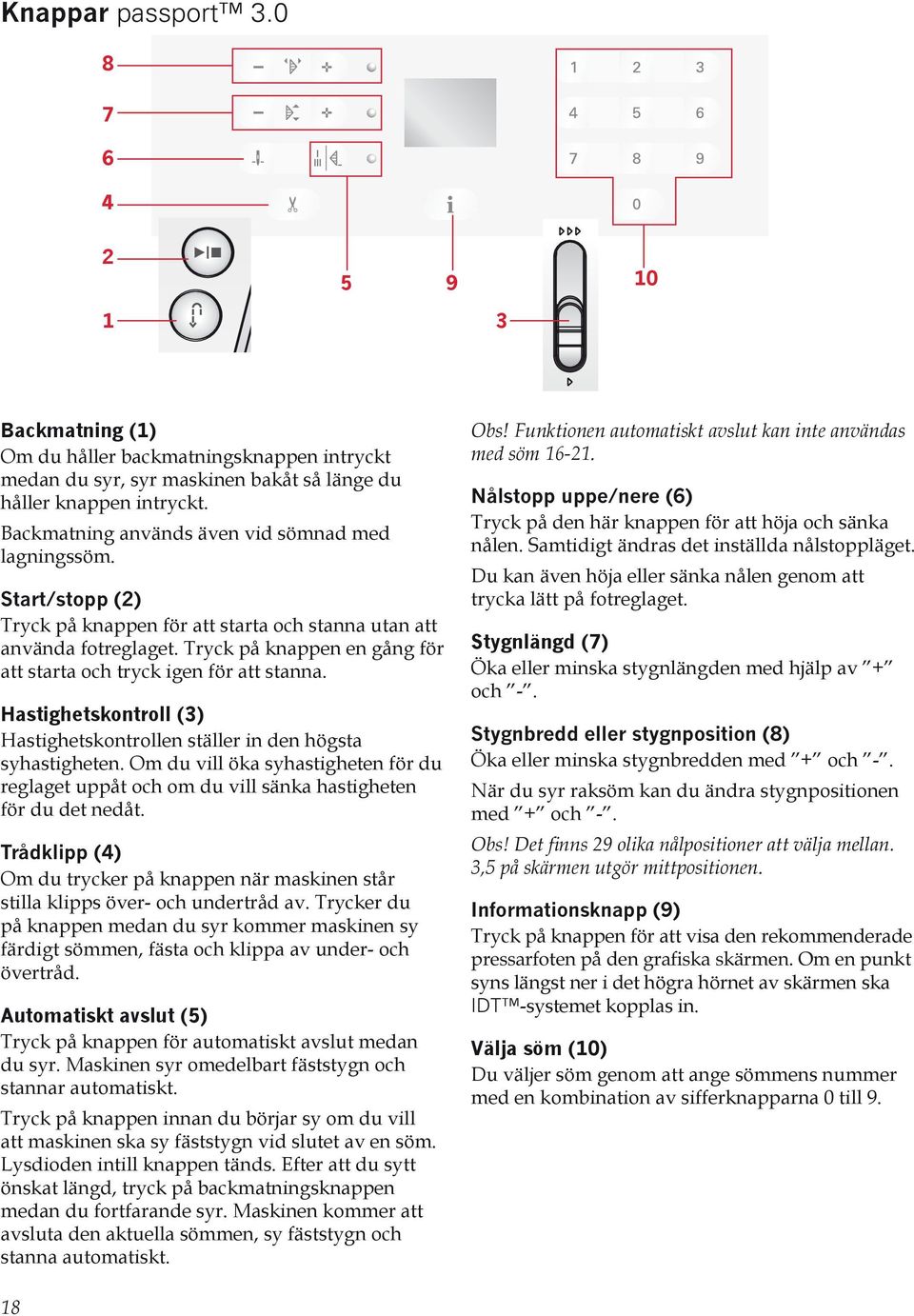 Hastighetskontroll (3) Hastighetskontrollen ställer in den högsta syhastigheten. Om du vill öka syhastigheten för du reglaget uppåt och om du vill sänka hastigheten för du det nedåt.