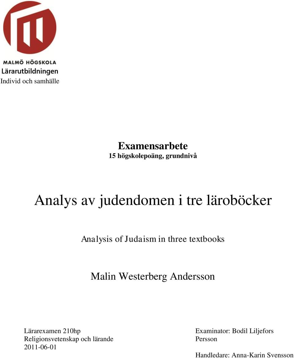 Westerberg Andersson Lärarexamen 210hp Religionsvetenskap och lärande 2011-06-01