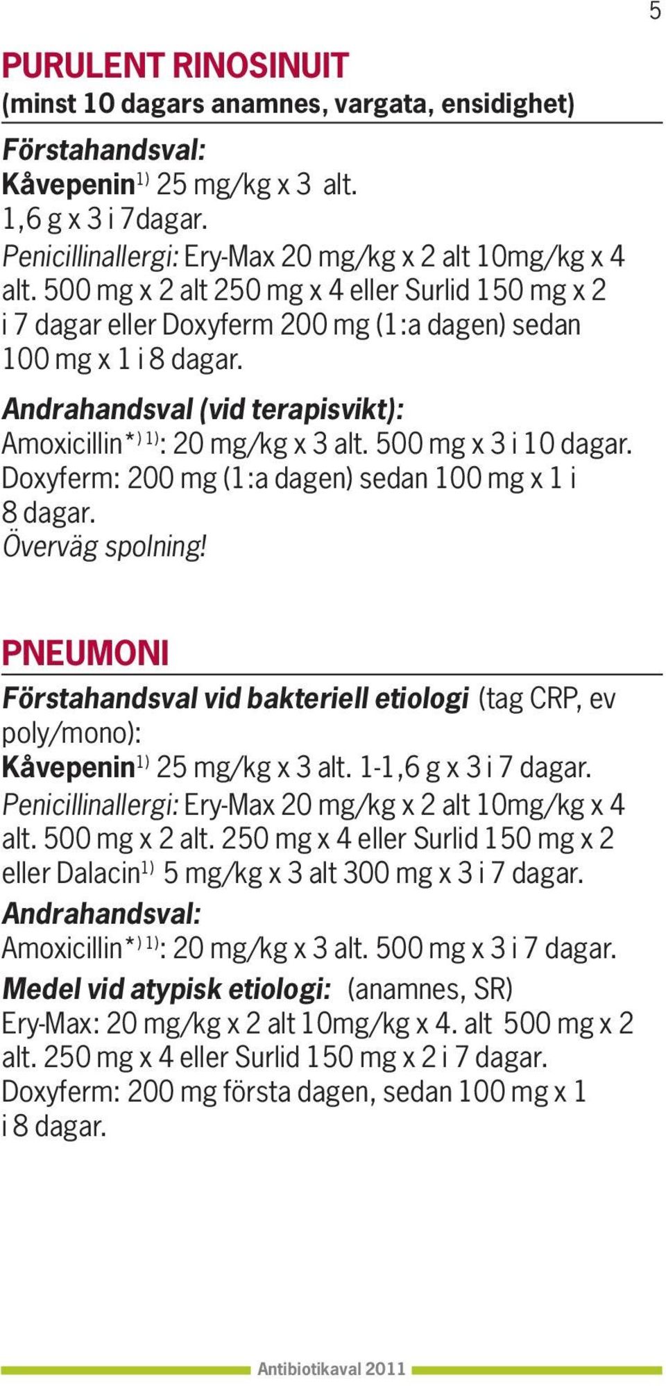 500 mg x 3 i 10 dagar. Doxyferm: 200 mg (1:a dagen) sedan 100 mg x 1 i 8 dagar. Överväg spolning!