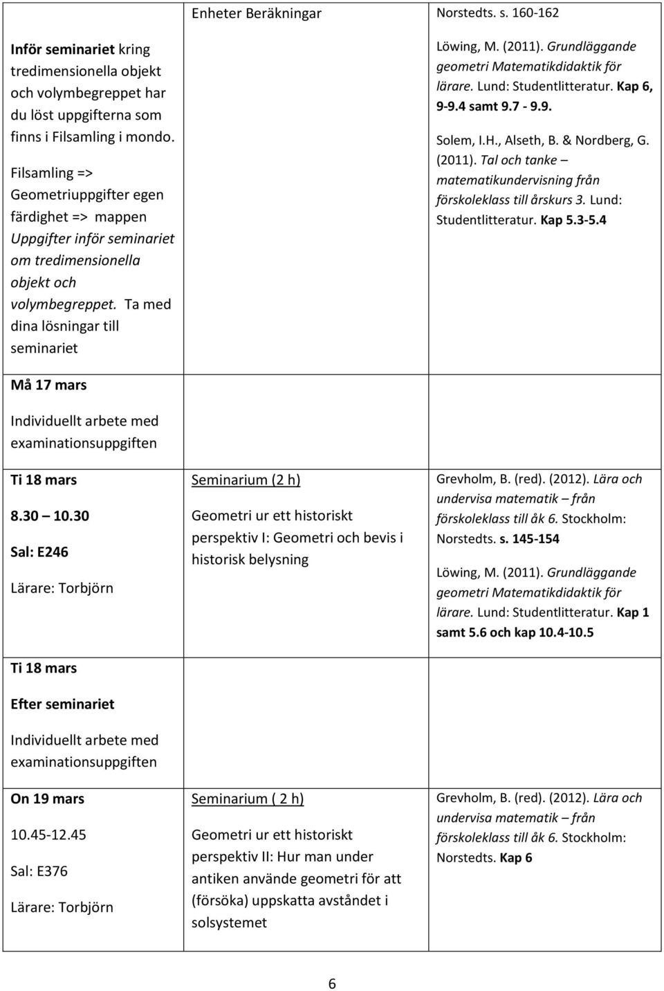 4 Må 17 mars Individuellt arbete med examinationsuppgiften Ti 18 mars 8.30 10.30 Lärare: Torbjörn Ti 18 mars Efter Individuellt arbete med examinationsuppgiften On 19 mars 10.45-12.