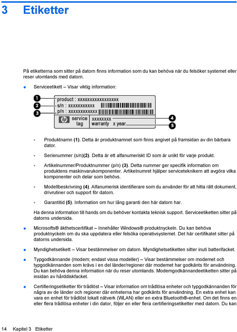 Detta nummer ger specifik information om produktens maskinvarukomponenter. Artikelnumret hjälper serviceteknikern att avgöra vilka komponenter och delar som behövs. Modellbeskrivning (4).