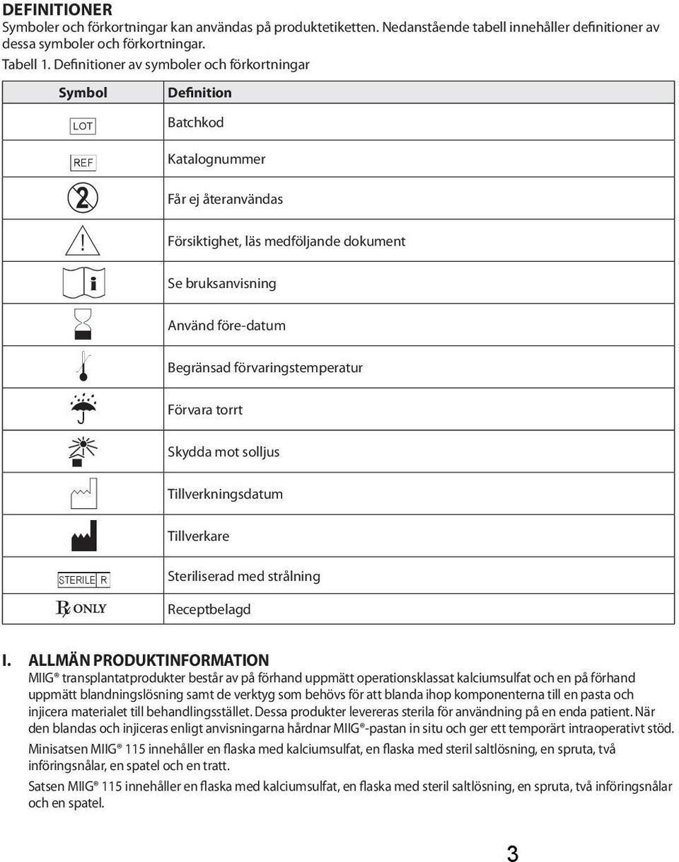 före-datum Begränsad förvaringstemperatur Förvara torrt Skydda mot solljus Tillverkningsdatum Tillverkare Steriliserad med strålning Receptbelagd I.