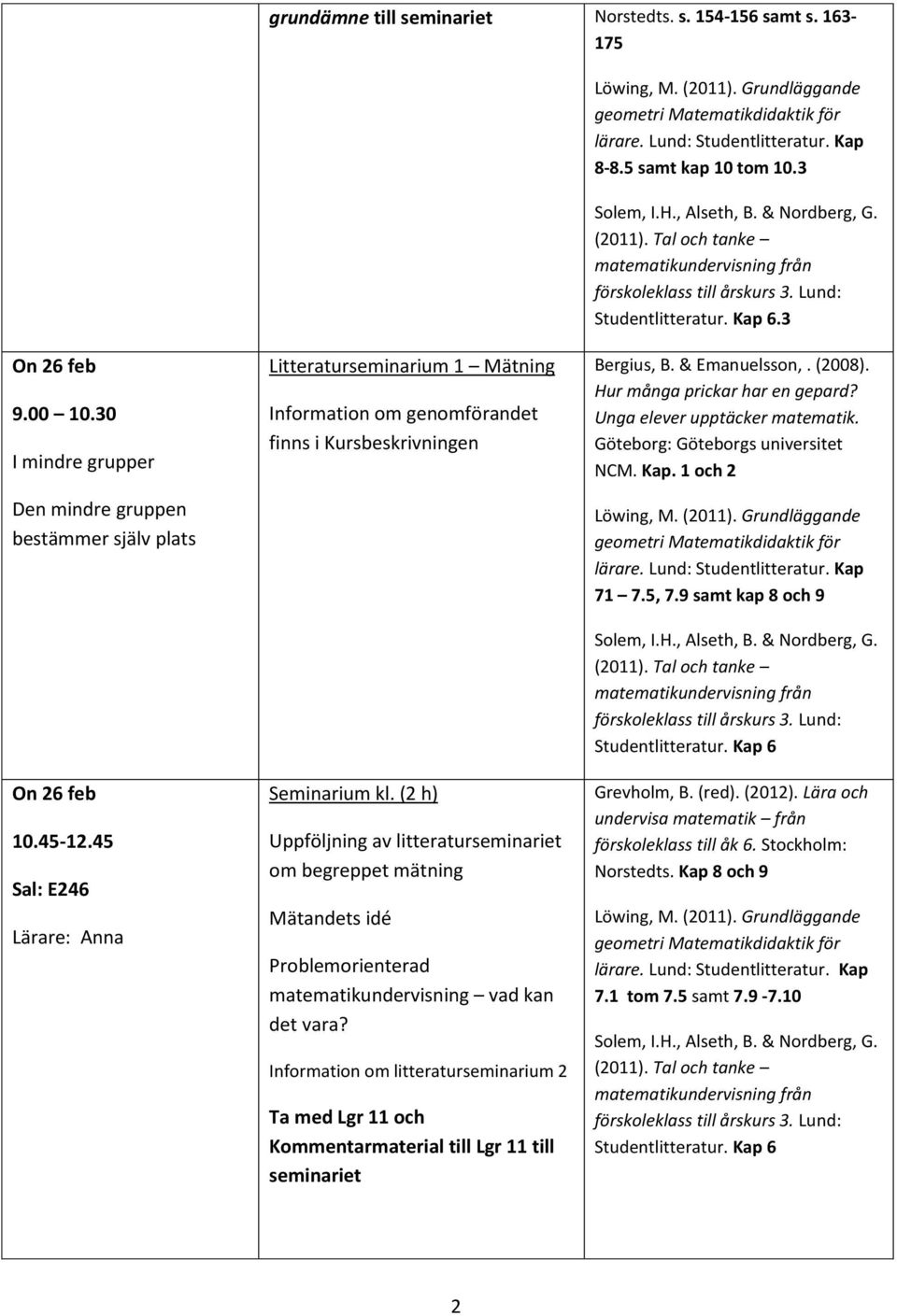 45 Sal: E246 Lärare: Anna Litteraturseminarium 1 Mätning Information om genomförandet finns i Kursbeskrivningen Seminarium kl.