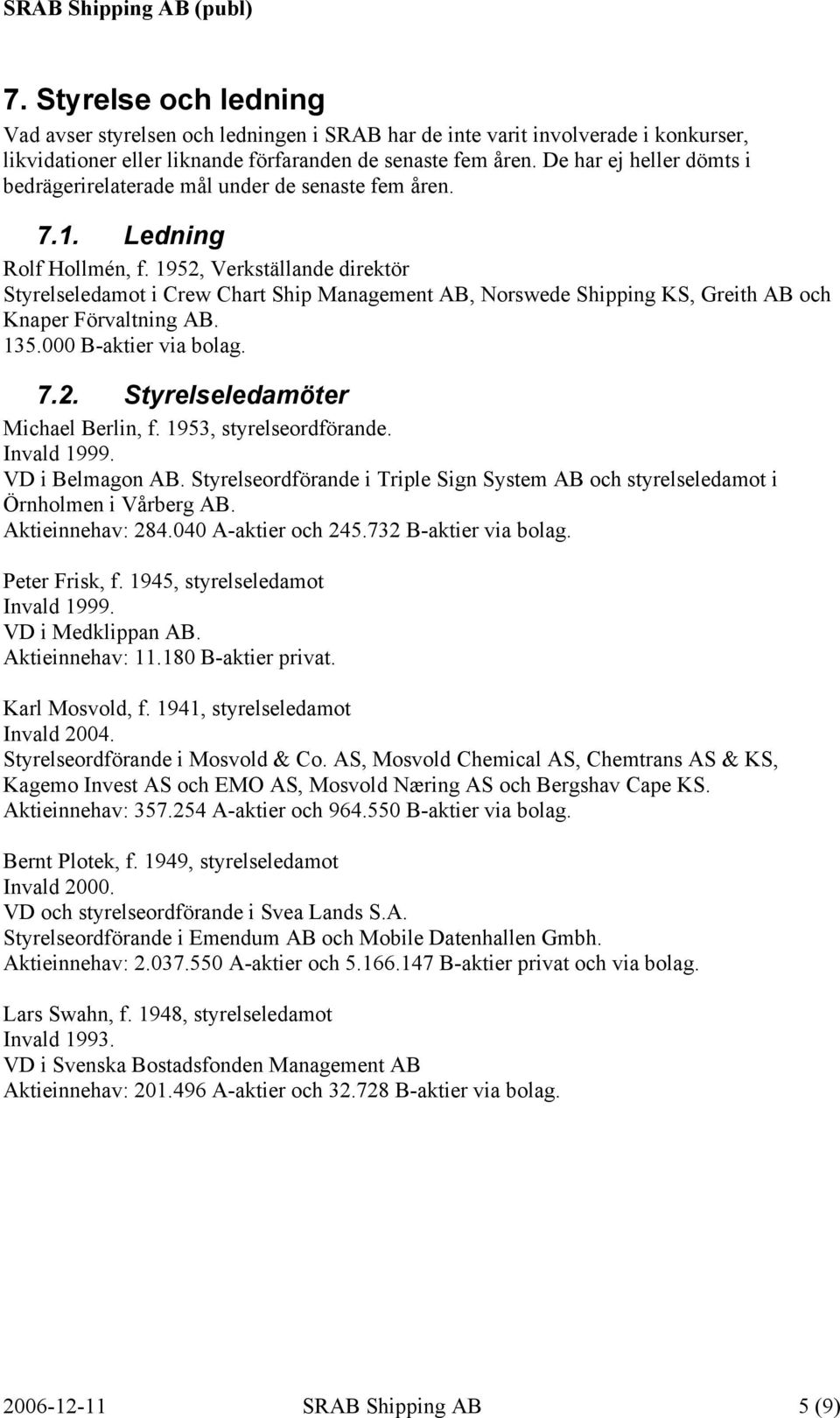 1952, Verkställande direktör Styrelseledamot i Crew Chart Ship Management AB, Norswede Shipping KS, Greith AB och Knaper Förvaltning AB. 135.000 B-aktier via bolag. 7.2. Styrelseledamöter Michael Berlin, f.