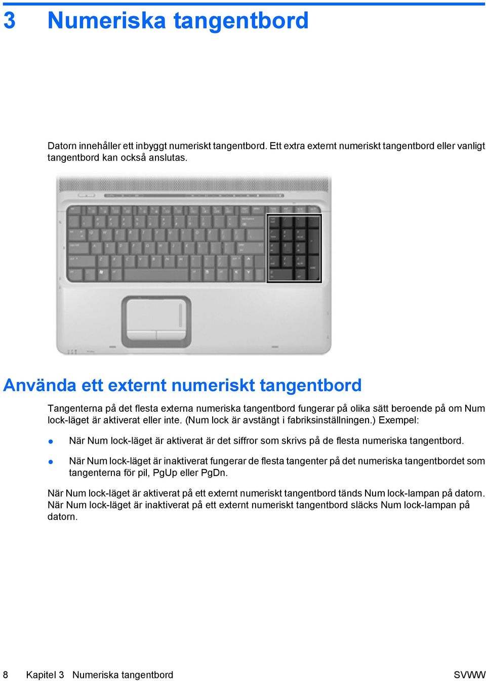 (Num lock är avstängt i fabriksinställningen.) Exempel: När Num lock-läget är aktiverat är det siffror som skrivs på de flesta numeriska tangentbord.