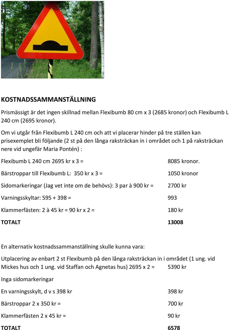 Pontén) : Flexibumb L 240 cm 2695 kr x 3 = Bärstroppar till Flexibumb L: 350 kr x 3 = Sidomarkeringar (Jag vet inte om de behövs): 3 par à 900 kr = 8085 kronor.