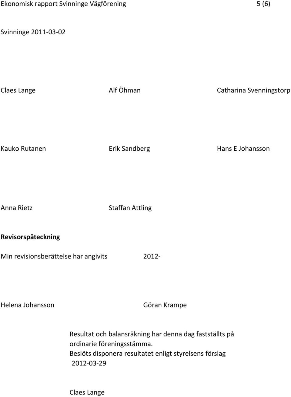 revisionsberättelse har angivits 2012- Helena Johansson Göran Krampe Resultat och balansräkning har denna dag