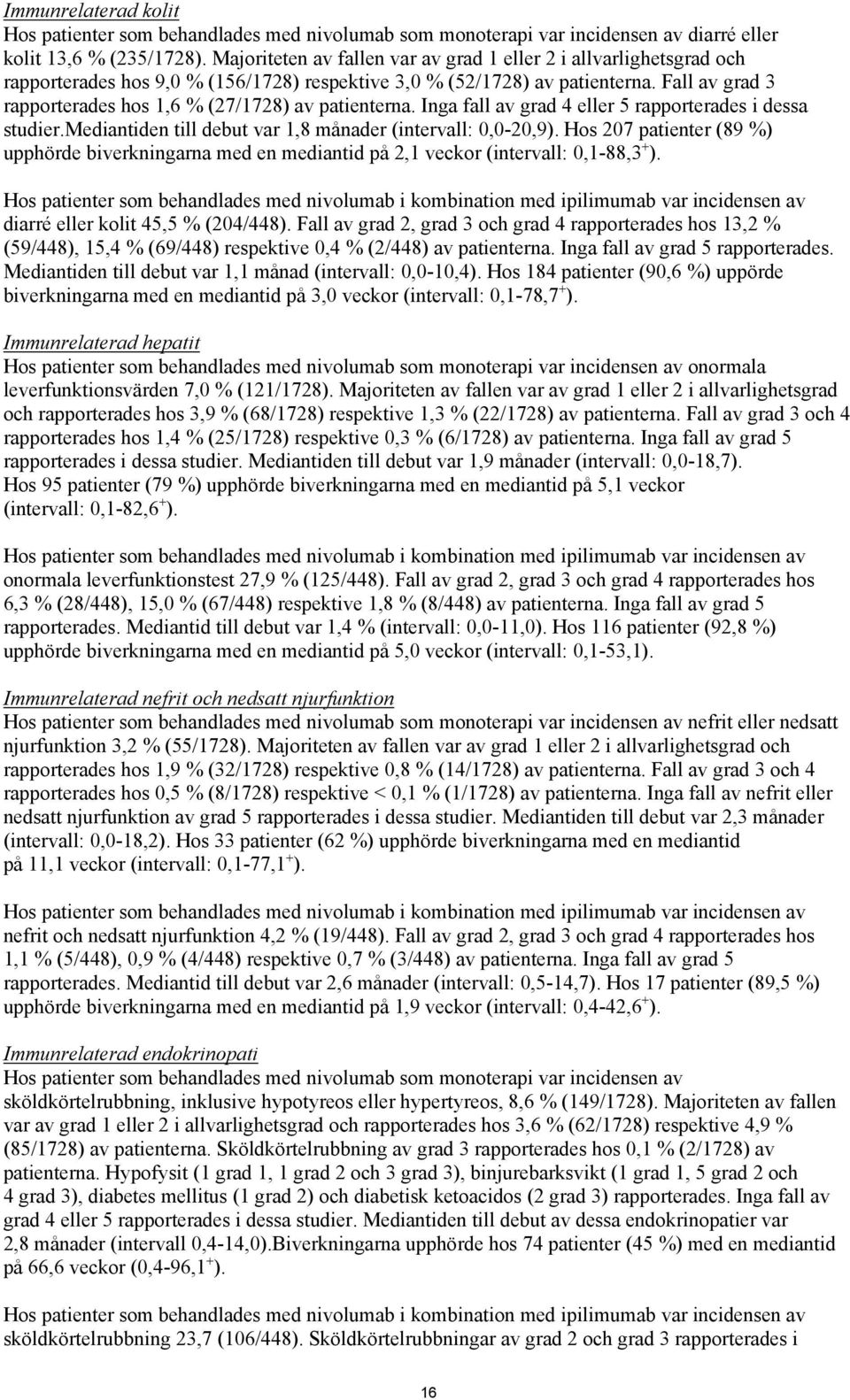 Fall av grad 3 rapporterades hos 1,6 % (27/1728) av patienterna. Inga fall av grad 4 eller 5 rapporterades i dessa studier.mediantiden till debut var 1,8 månader (intervall: 0,0-20,9).