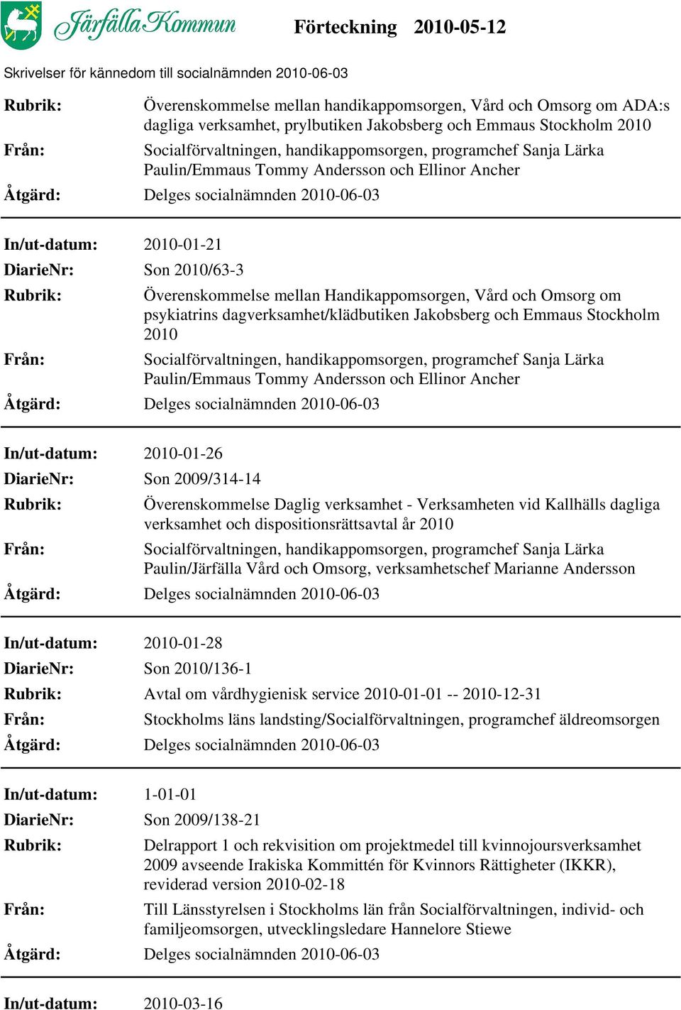 Ellinor Ancher In/ut-datum: 2010-01-26 Son 2009/314-14 Överenskommelse Daglig verksamhet - Verksamheten vid Kallhälls dagliga verksamhet och dispositionsrättsavtal år 2010 Paulin/Järfälla Vård och