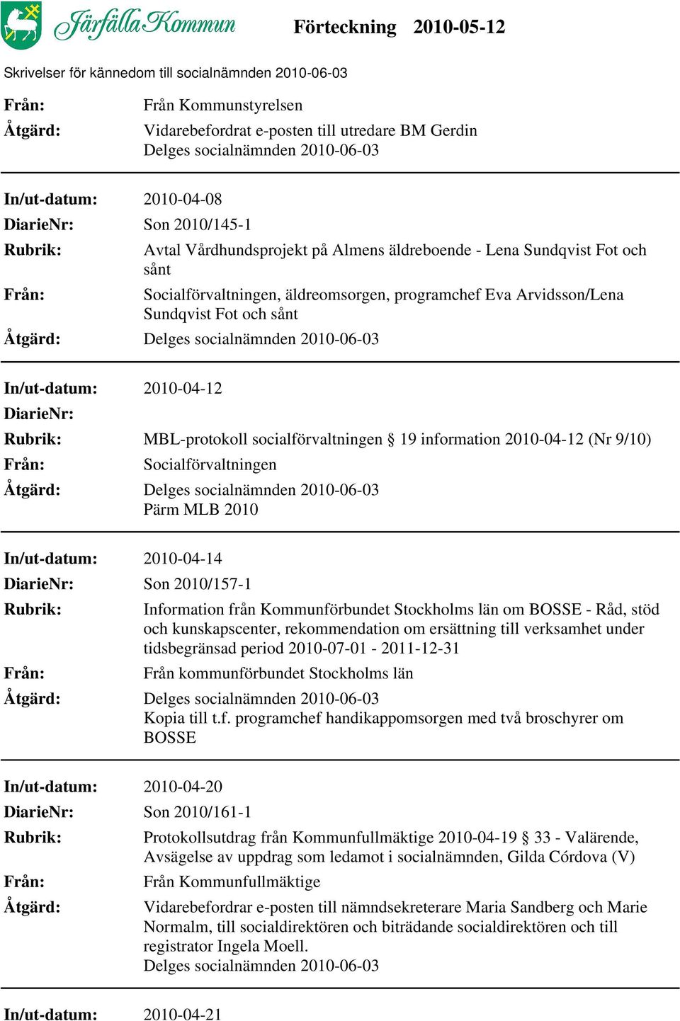 Socialförvaltningen Pärm MLB 2010 In/ut-datum: 2010-04-14 Son 2010/157-1 Information från Kommunförbundet Stockholms län om BOSSE - Råd, stöd och kunskapscenter, rekommendation om ersättning till