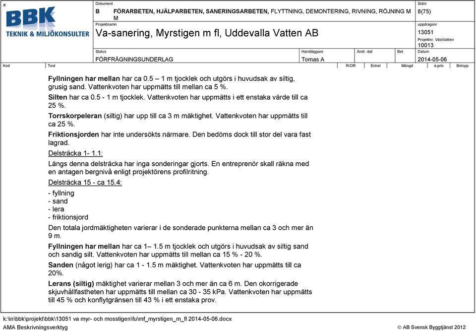 Vattenkvoten har uppmätts till ca 25 %. Friktionsjorden har inte undersökts närmare. Den bedöms dock till stor del vara fast lagrad. Delsträcka 1-1.