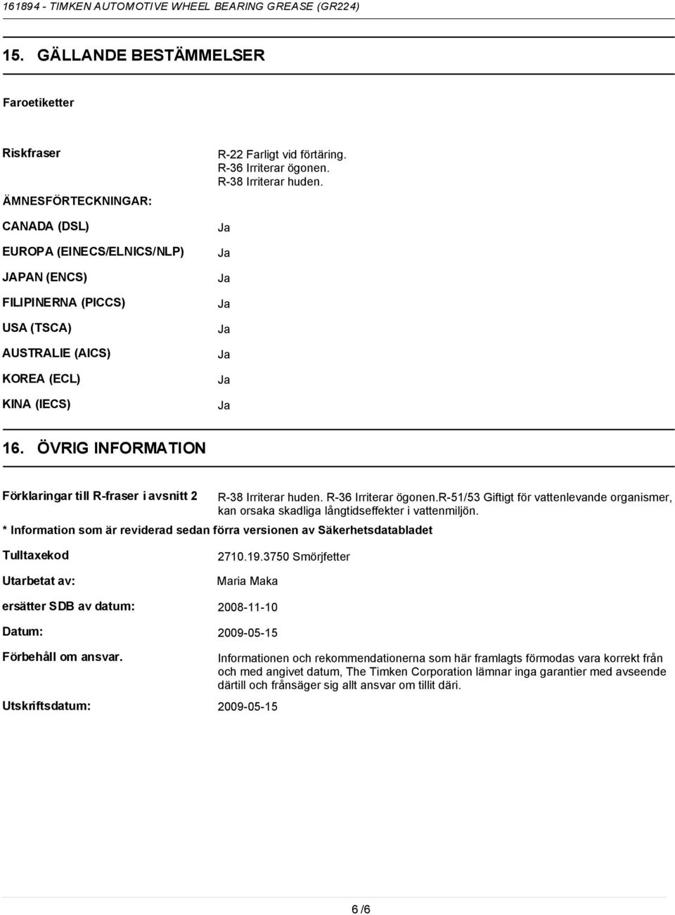 * Information som är reviderad sedan förra versionen av Säkerhetsdatabladet Tulltaxekod Utarbetat av: 2710.19.