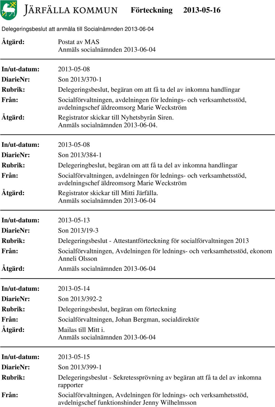 . In/ut-datum: 2013-05-08 DiarieNr: Son 2013/384-1 Delegeringbeslut, begäran om att få ta del av inkomna handlingar Socialförvaltningen, avdelningen för lednings- och verksamhetsstöd, avdelningschef