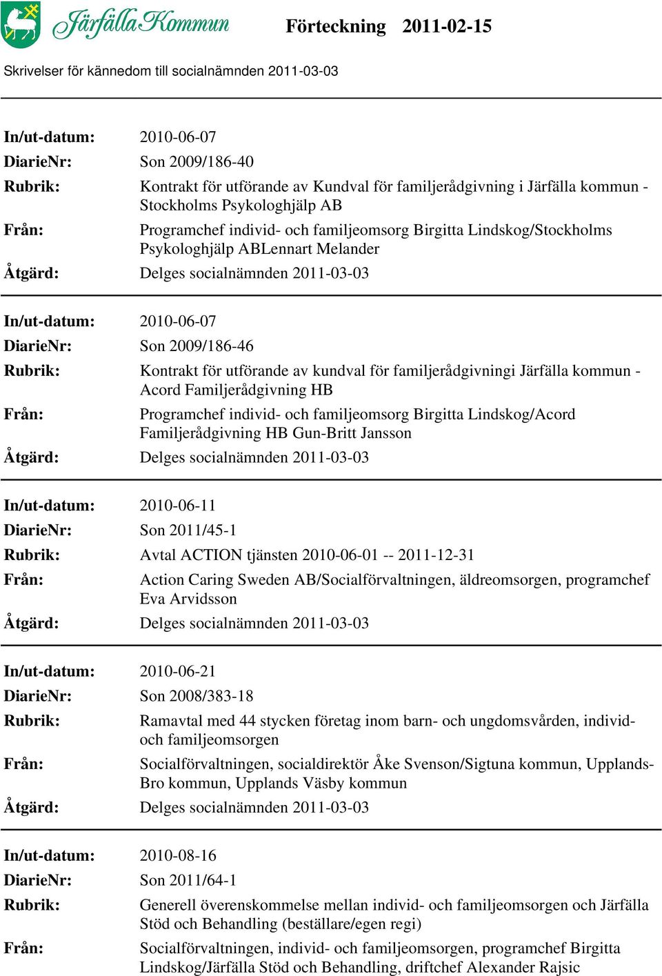 Programchef individ- och familjeomsorg Birgitta Lindskog/Acord Familjerådgivning HB Gun-Britt Jansson In/ut-datum: 2010-06-11 Son 2011/45-1 Avtal ACTION tjänsten 2010-06-01 -- 2011-12-31 Action