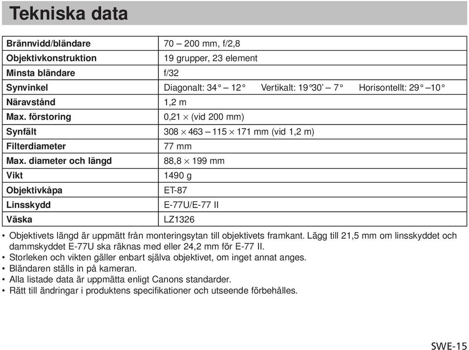 diameter och längd Vikt Objektivkåpa Linsskydd 77 mm 88,8 199 mm 1490 g ET-87 E-77U/E-77 II Väska LZ1326 Objektivets längd är uppmätt från monteringsytan till objektivets framkant.