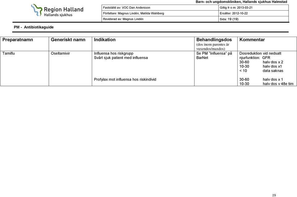 influensa hos riskindivid Se PM Influensa på BarNet 30-60 halv dos x 2