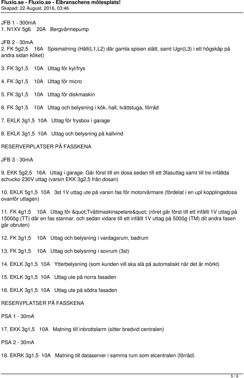 EKLK 3g1,5 10A Uttag för frysbox i garage 8. EKLK 3g1,5 10A Uttag och belysning på kallvind RESERVERPLATSER PÅ FASSKENA JFB 3-30mA 9. EKK 5g2,5 16A Uttag i garage.