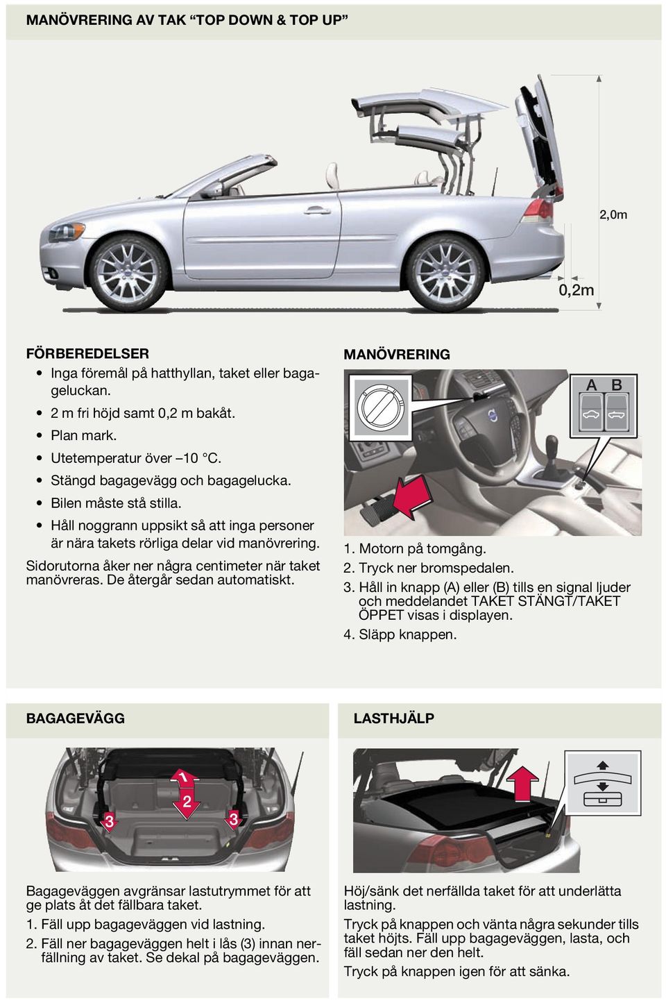 Sidorutorna åker ner några centimeter när taket manövreras. De återgår sedan automatiskt. MANÖVRERING 1. Motorn på tomgång.. Tryck ner bromspedalen. 3.