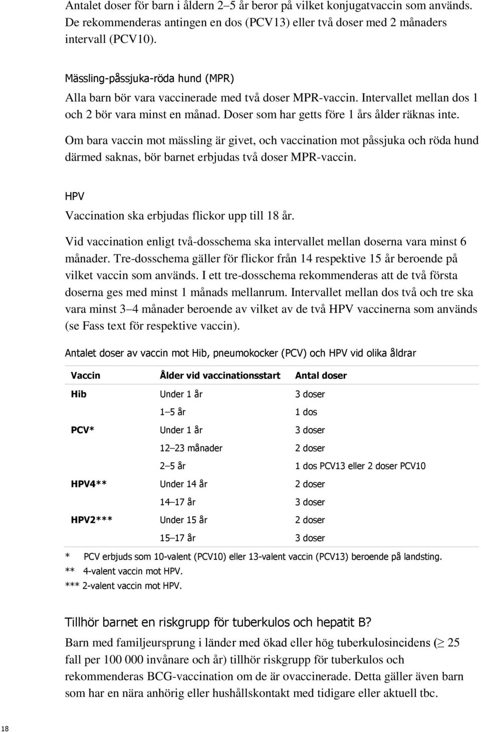 Om bara vaccin mot mässling är givet, och vaccination mot påssjuka och röda hund därmed saknas, bör barnet erbjudas två doser MPR-vaccin. HPV Vaccination ska erbjudas flickor upp till 18 år.