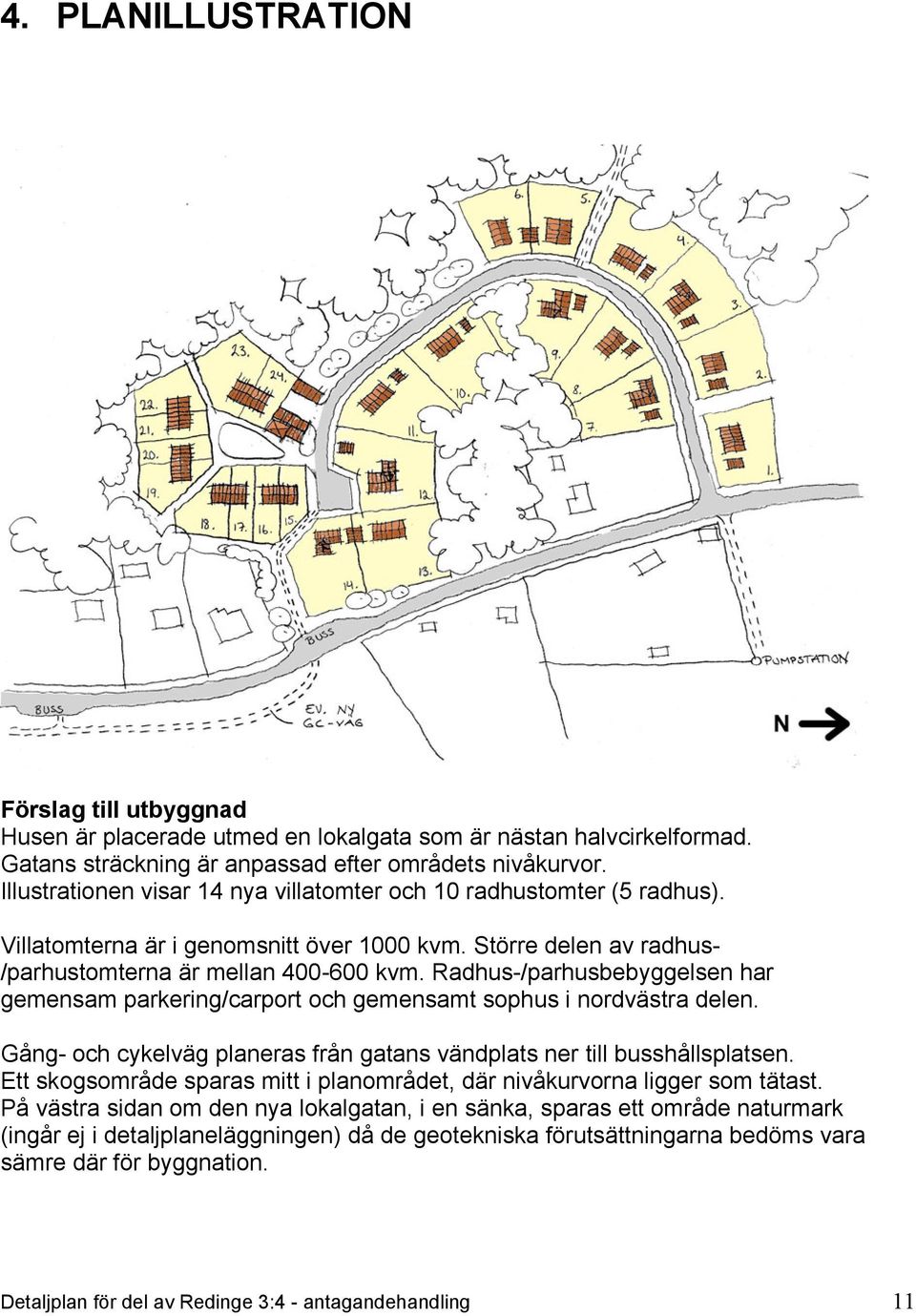 Radhus-/parhusbebyggelsen har gemensam parkering/carport och gemensamt sophus i nordvästra delen. Gång- och cykelväg planeras från gatans vändplats ner till busshållsplatsen.