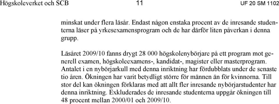 Läsåret 2009/10 fanns drygt 28 000 högskolenybörjare på ett program mot generell examen, högskoleexamens-, kandidat-, magister eller masterprogram.