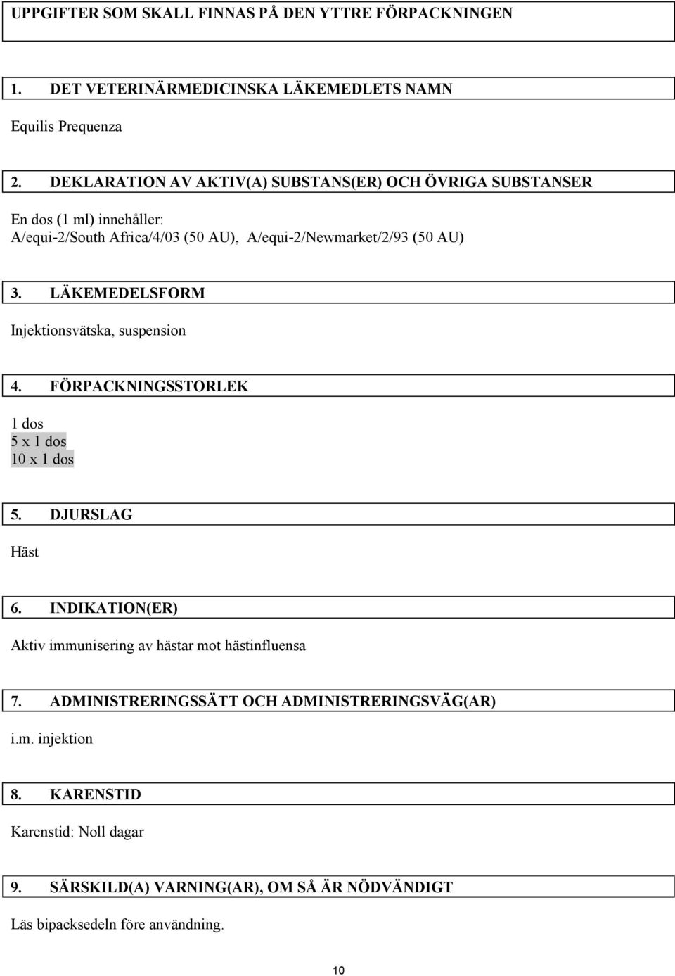 LÄKEMEDELSFORM Injektionsvätska, suspension 4. FÖRPACKNINGSSTORLEK 1 dos 5 x 1 dos 10 x 1 dos 5. DJURSLAG Häst 6.