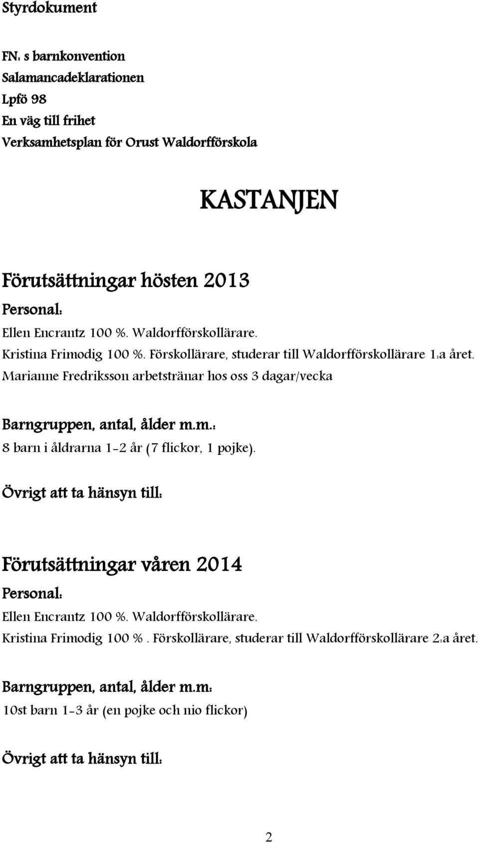 Marianne Fredriksson arbetstränar hos oss 3 dagar/vecka Barngruppen, antal, ålder m.m.: 8 barn i åldrarna 1-2 år (7 flickor, 1 pojke).