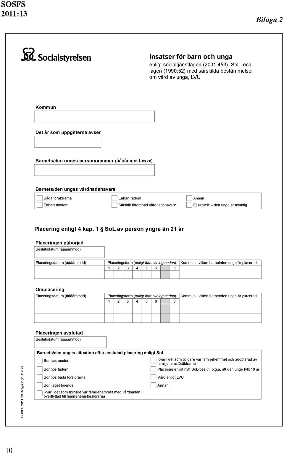 kap. 1 SoL av person yngre än 21 år Placeringen påbörjad Beslutsdatum (ååååmmdd) Placeringsdatum (ååååmmdd) Placeringsform (enligt förteckning nedan) Kommun i vilken barnet/den unge är placerad 1 2 3