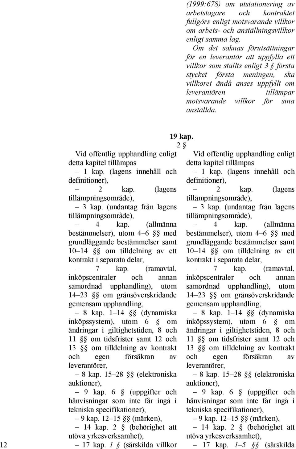 villkor för sina anställda. 12 Vid offentlig upphandling enligt detta kapitel tillämpas 1 kap. (lagens innehåll och definitioner), 2 kap. (lagens tillämpningsområde), 3 kap.