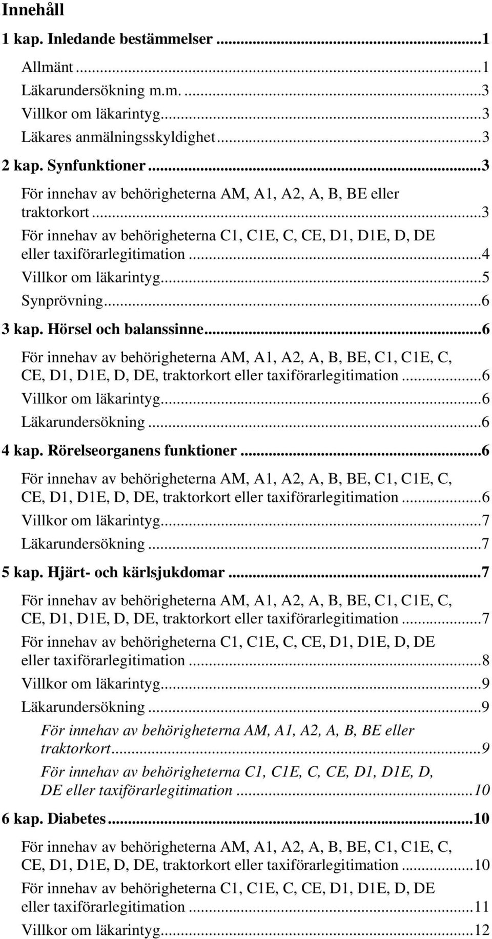 .. 5 Synprövning... 6 3 kap. Hörsel och balanssinne... 6 För innehav av behörigheterna AM, A1, A2, A, B, BE, C1, C1E, C, CE, D1, D1E, D, DE, traktorkort eller taxiförarlegitimation.