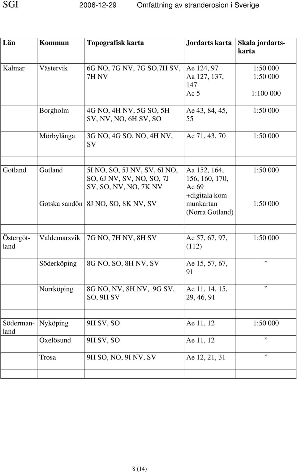 8K NV, SV Aa 152, 164, 156, 160, 170, Ae 69 +digitala kommunkartan (Norra Gotland) Valdemarsvik 7G NO, 7H NV, 8H SV Ae 57, 67, 97, (112) Söderköping 8G NO, SO, 8H NV, SV Ae 15, 57, 67, 91