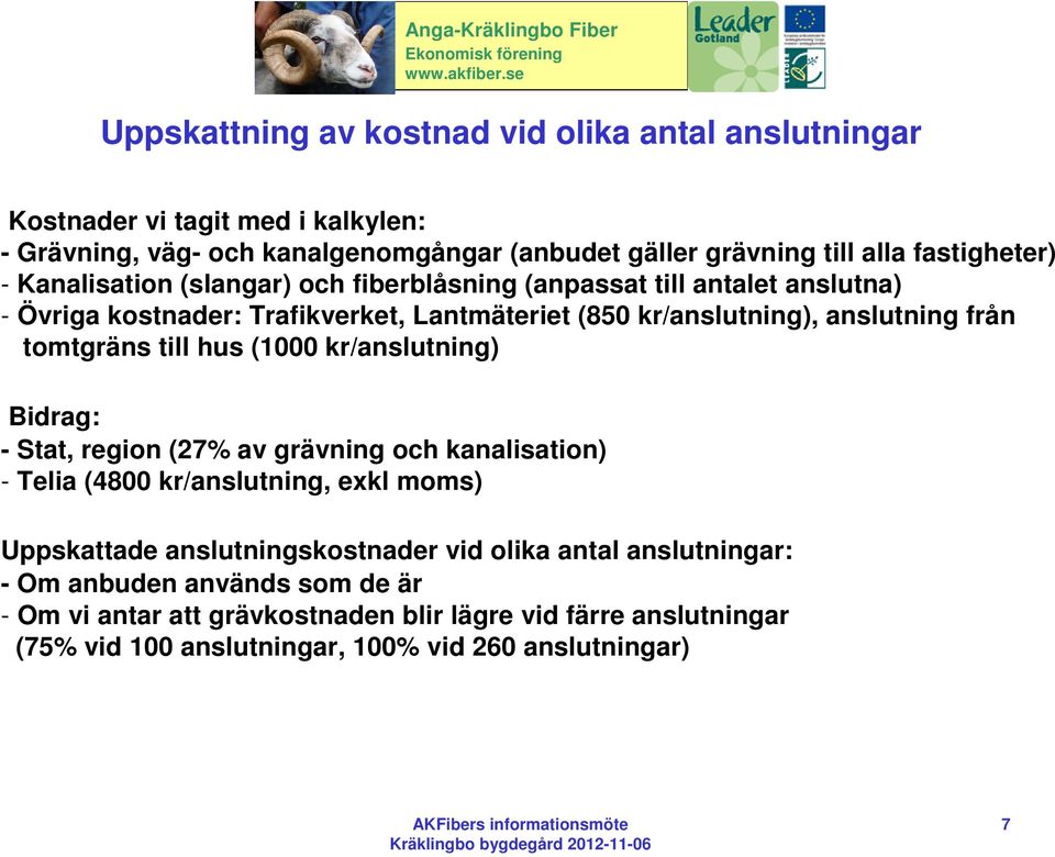 från tomtgräns till hus (1000 kr/anslutning) Bidrag: - Stat, region (27% av grävning och kanalisation) - Telia (4800 kr/anslutning, exkl moms) Uppskattade