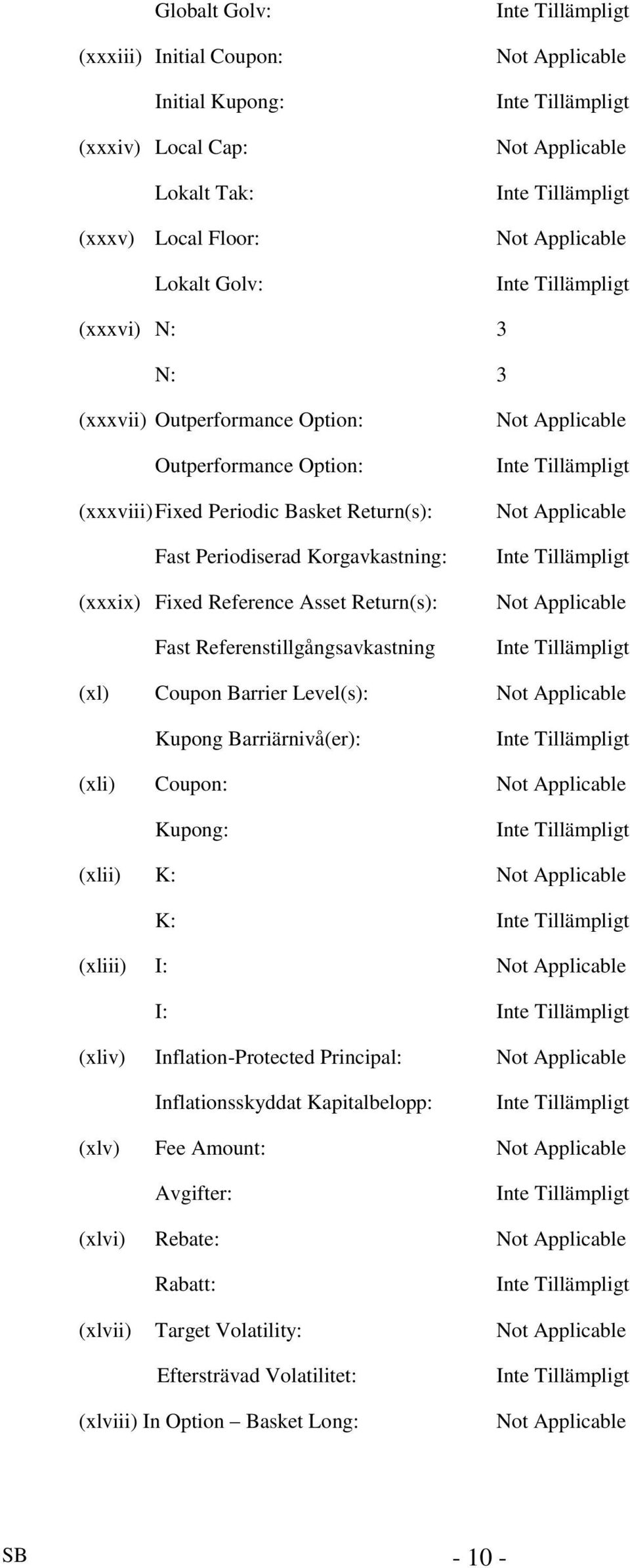 Not Applicable Not Applicable Not Applicable (xl) Coupon Barrier Level(s): Not Applicable Kupong Barriärnivå(er): (xli) Coupon: Not Applicable Kupong: (xlii) K: Not Applicable K: (xliii) I: Not