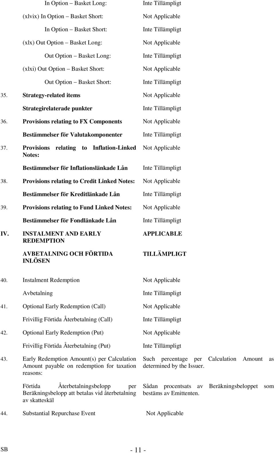 Provisions relating to FX Components Not Applicable Bestämmelser för Valutakomponenter 37. Provisions relating to Inflation-Linked Notes: Bestämmelser för Inflationslänkade Lån Not Applicable 38.