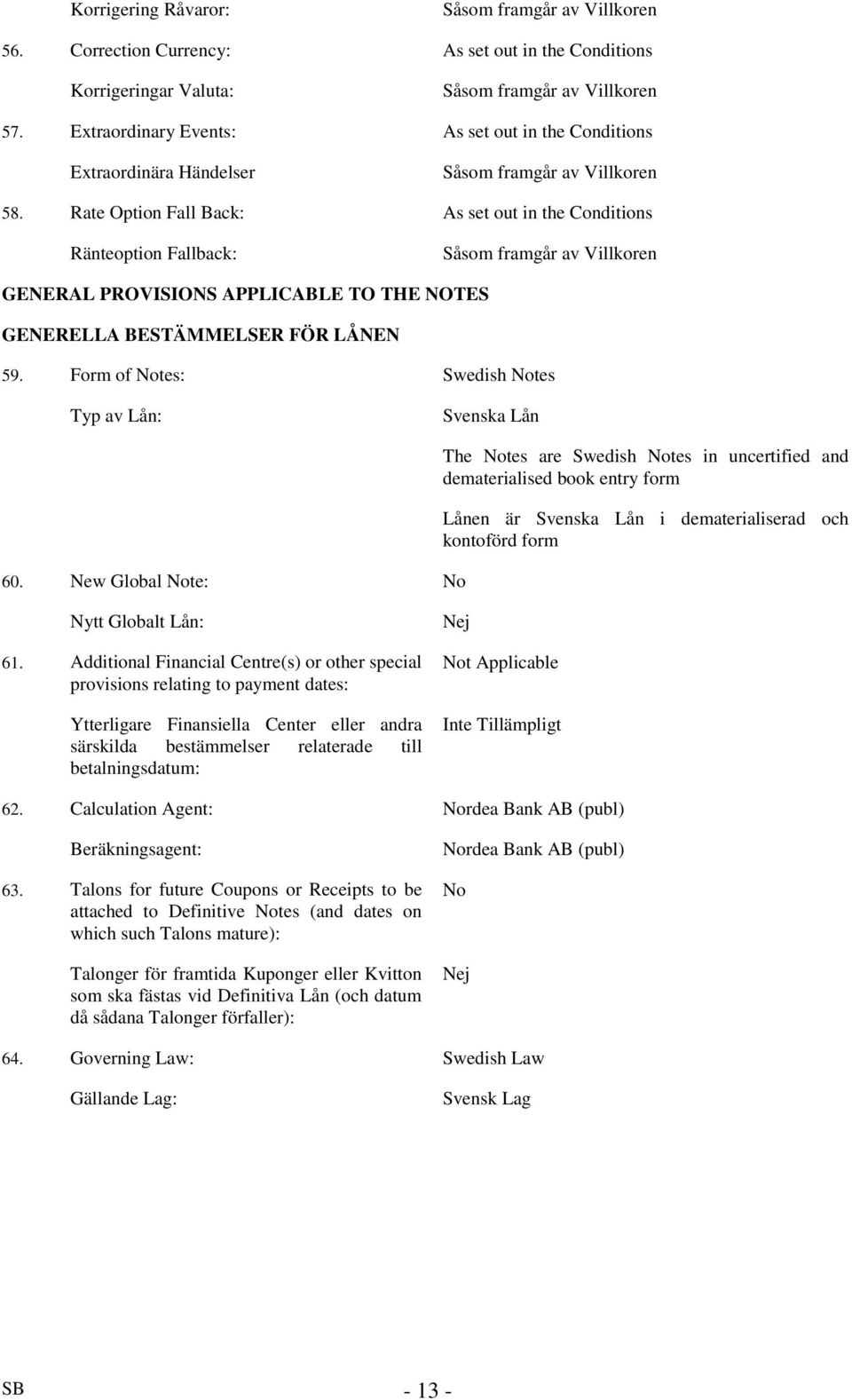 Rate Option Fall Back: As set out in the Conditions Ränteoption Fallback: Såsom framgår av Villkoren GENERAL PROVISIONS APPLICABLE TO THE NOTES GENERELLA BESTÄMMELSER FÖR LÅNEN 59.