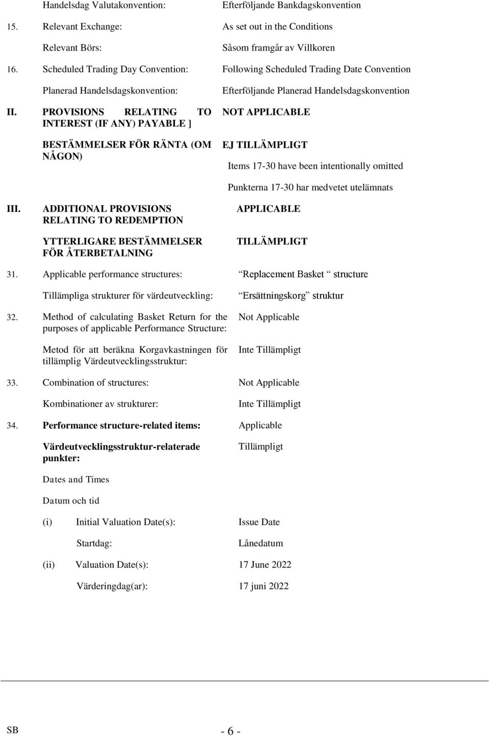 PROVISIONS RELATING TO INTEREST (IF ANY) PAYABLE ] BESTÄMMELSER FÖR RÄNTA (OM NÅGON) Efterföljande Planerad Handelsdagskonvention NOT APPLICABLE EJ TILLÄMPLIGT Items 17-30 have been intentionally