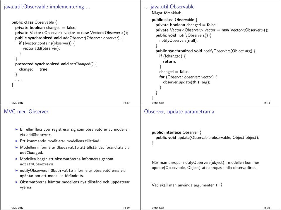 add(observer); protected synchronized void setchanged() { changed = true;... OMD 2012 F5-17 MVC med Observer... java.util.