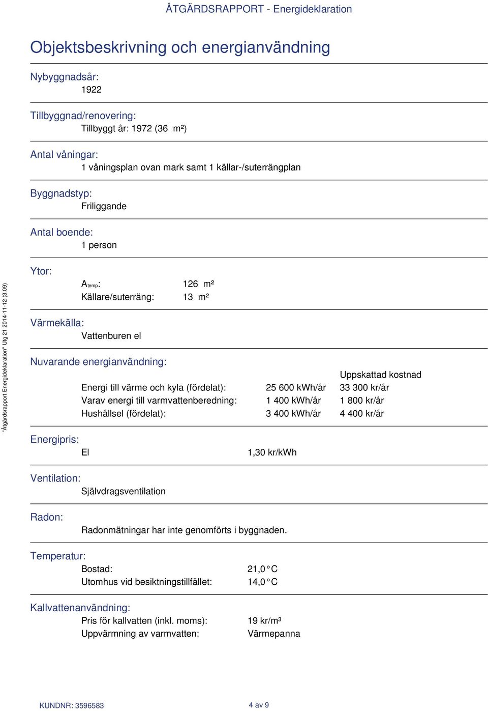 kwh/år 33 300 kr/år Varav energi till varmvattenberedning: 1 400 kwh/år 1 800 kr/år Hushållsel (fördelat): 3 400 kwh/år 4 400 kr/år Energipris: El 1,30 kr/kwh Ventilation: Självdragsventilation