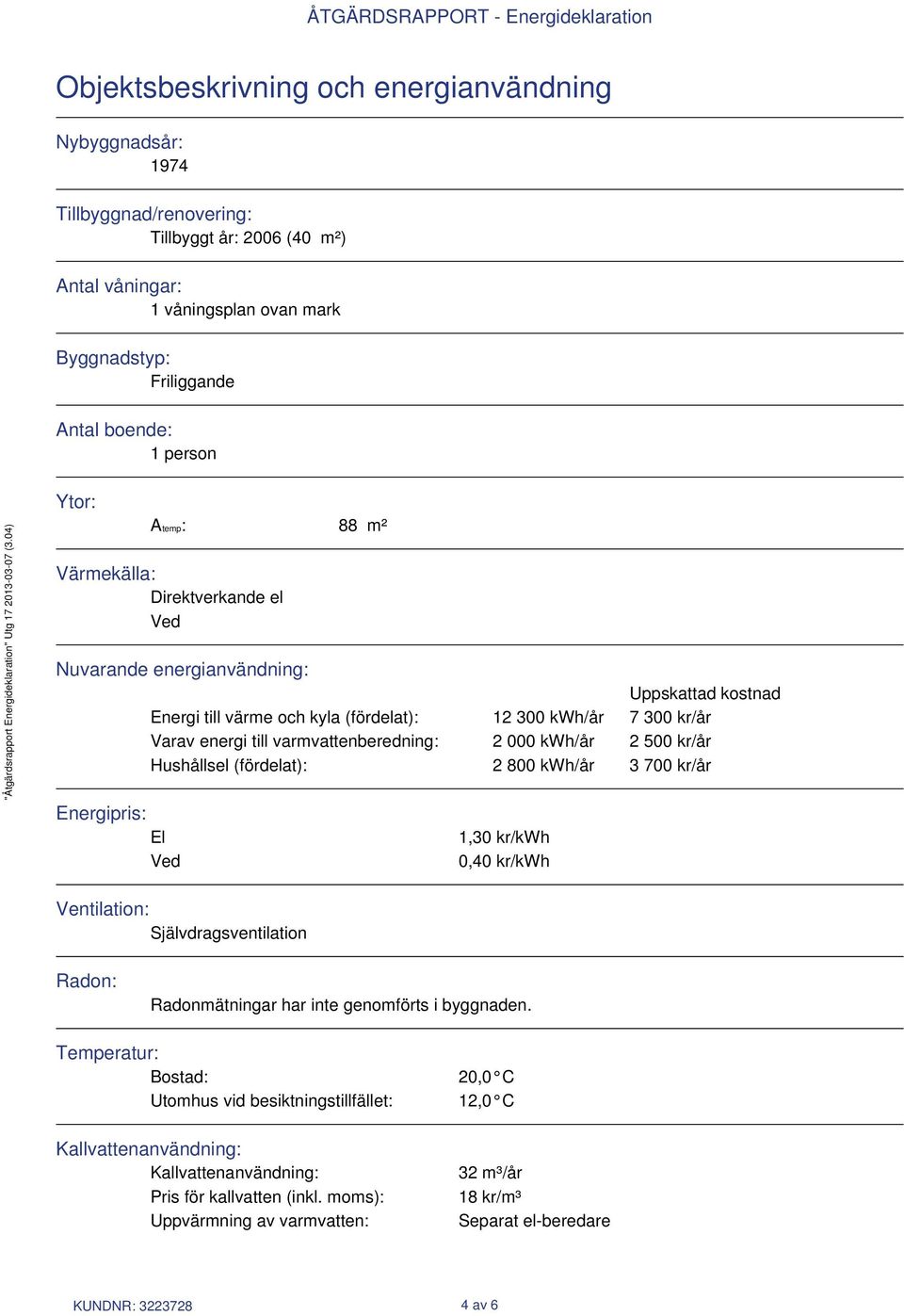 varmvattenberedning: 2 000 kwh/år 2 500 kr/år Hushållsel (fördelat): 2 800 kwh/år 3 700 kr/år Energipris: El Ved 1,30 kr/kwh 0,40 kr/kwh Ventilation: Självdragsventilation Radon: Radonmätningar har