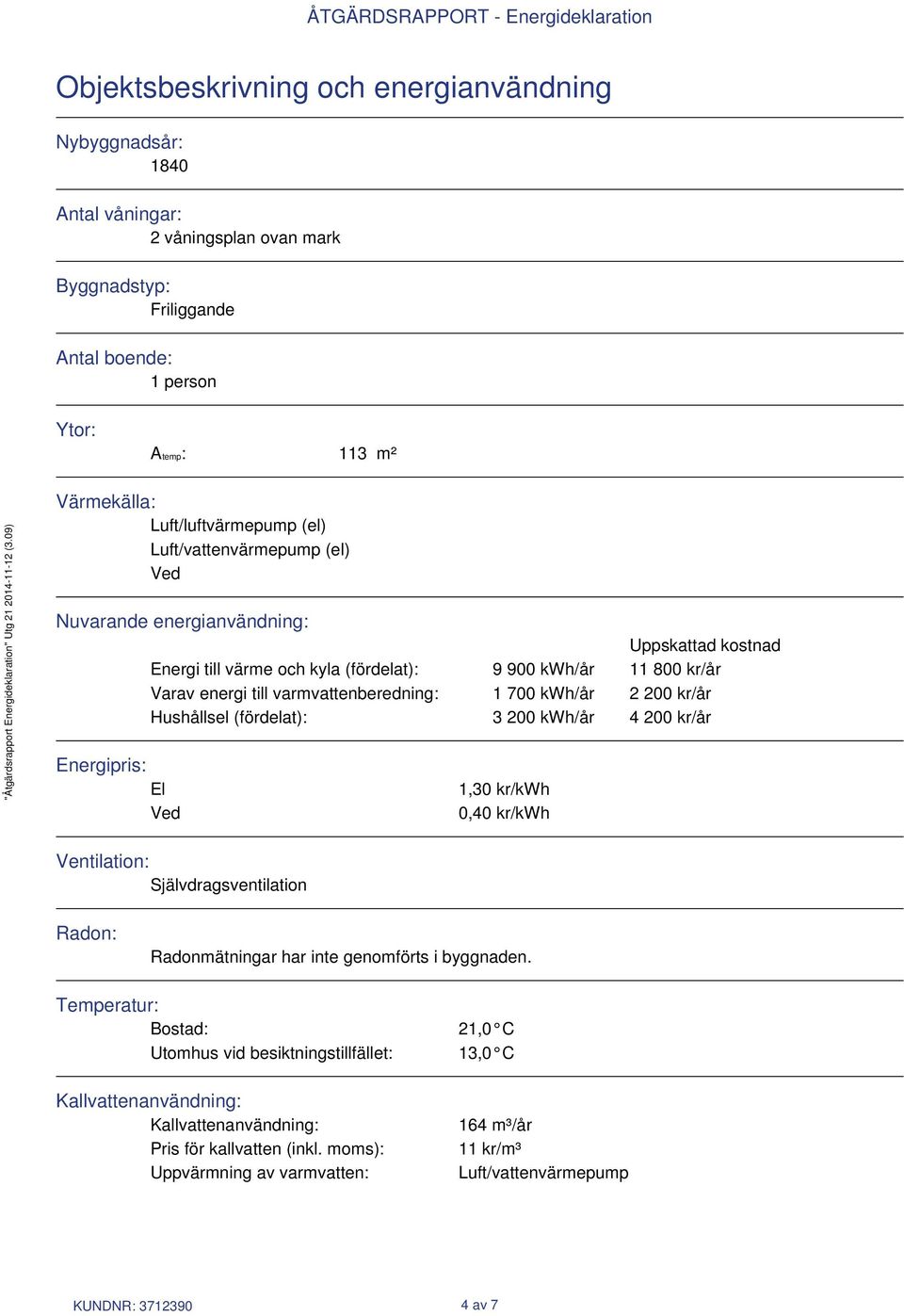 2 200 kr/år Hushållsel (fördelat): 3 200 kwh/år 4 200 kr/år Energipris: El Ved 1,30 kr/kwh 0,40 kr/kwh Ventilation: Självdragsventilation Radon: Radonmätningar har inte genomförts i byggnaden.