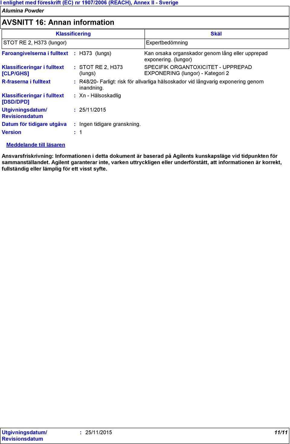 Xn - Hälsoskadlig H373 (lungs) STOT RE 2, H373 (lungs) 25/11/2015 Ingen tidigare granskning. 1 Kan orsaka organskador genom lång eller upprepad exponering.
