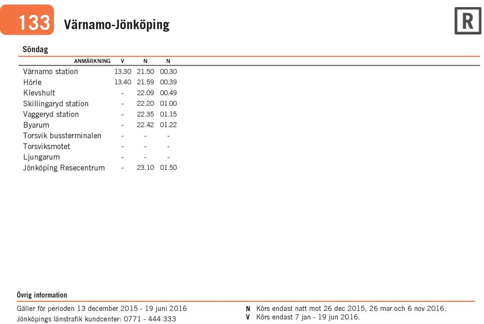 50 Gäller för perioden 13 december 2015 19 juni 2016 Jönköpings länstrafik