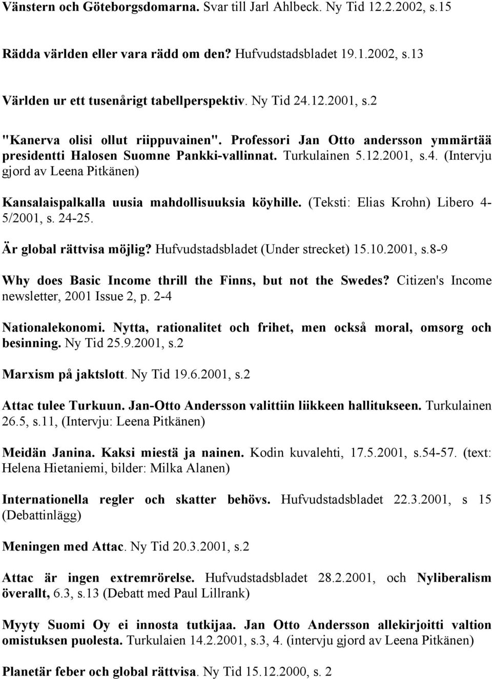 (Teksti: Elias Krohn) Libero 4-5/2001, s. 24-25. Är global rättvisa möjlig? Hufvudstadsbladet (Under strecket) 15.10.2001, s.8-9 Why does Basic Income thrill the Finns, but not the Swedes?